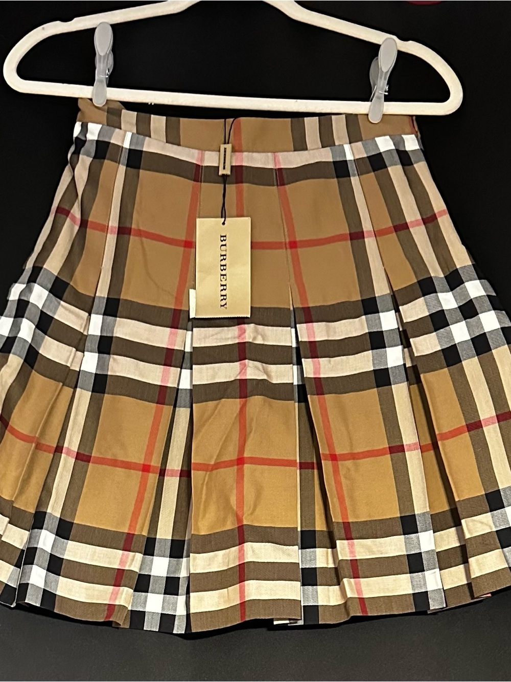 Burberry Tan Check Pleated Skirt with Red Accent
